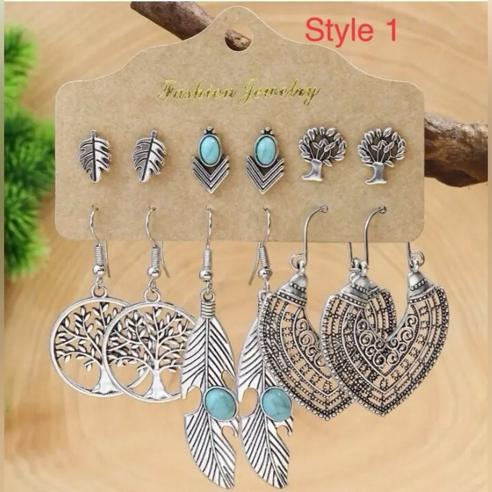 NWOT 6-Pairs Fashion Boho Bronze Silver Beaded Metal Dangle & Stud Earring Set